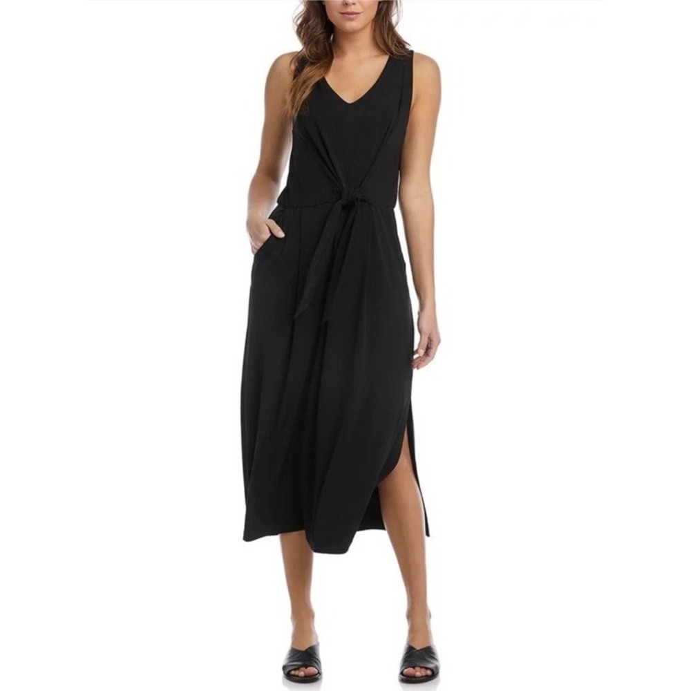 Karen Kane Sleeveless Tie Front Black Midi Dress Classic Travel Career Minimal